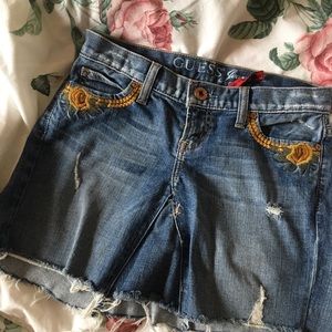 GUESS REWORKED DENIM EMBROIDERED MINI SKIRT